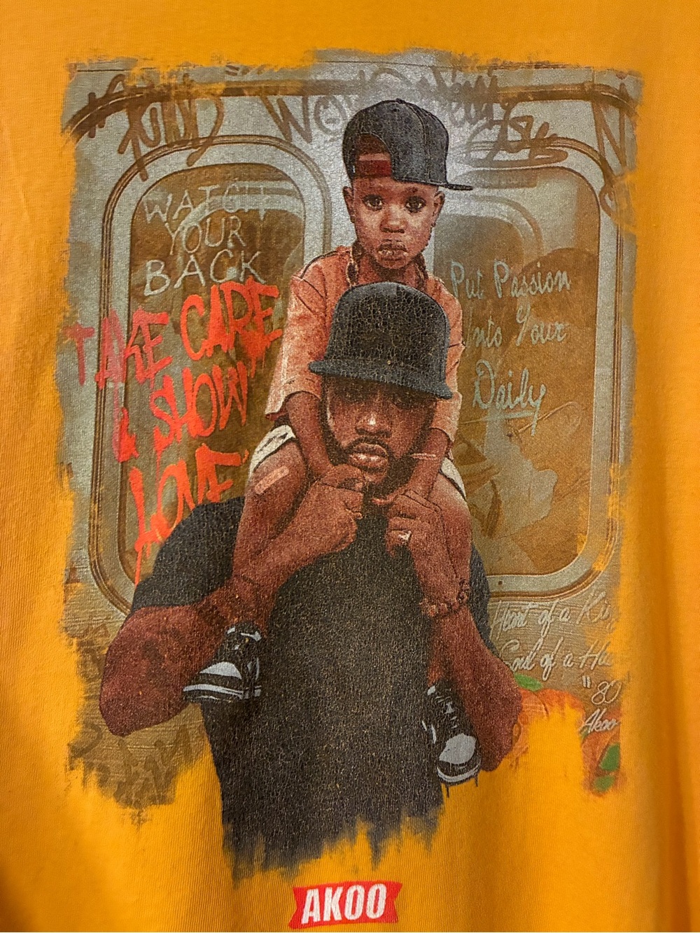 AKOO Take Care And Show Love Father Son XL Graphic Tee in Mustard Yellow